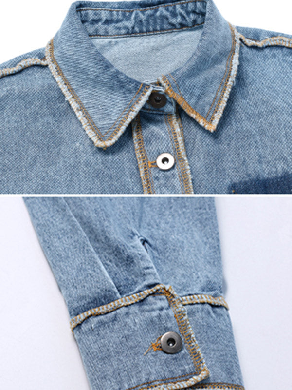 Original Stylish Loose Split-Joint With Pocket Buttoned Applique Lapel Collar Long Sleeves Denim Outwear