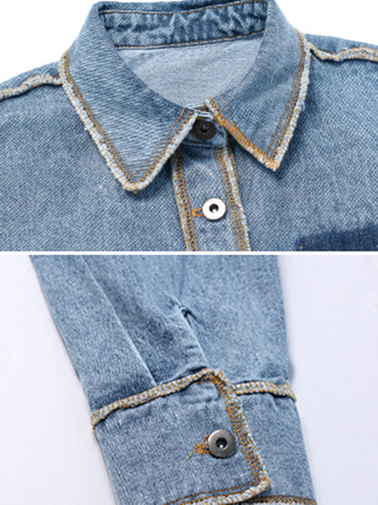 Original Stylish Loose Split-Joint With Pocket Buttoned Applique Lapel Collar Long Sleeves Denim Outwear