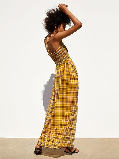 Plaid Empire Halter-neck Maxi Dress