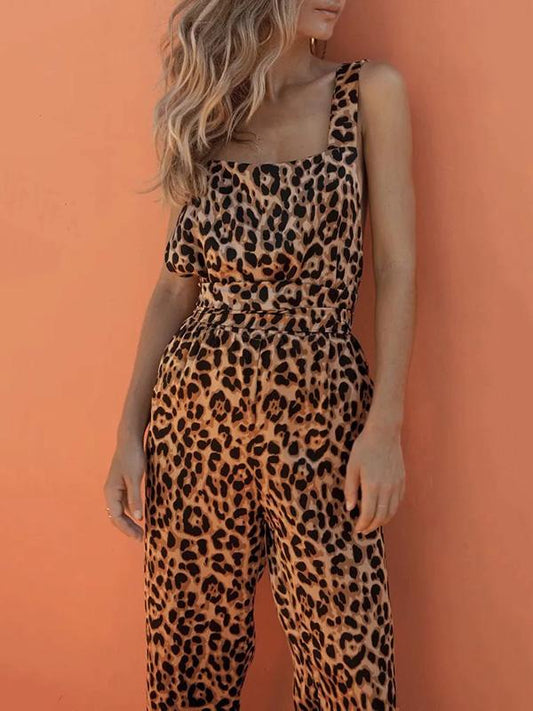 Leopard Printed Crossover Strap of Back Jumpsuits