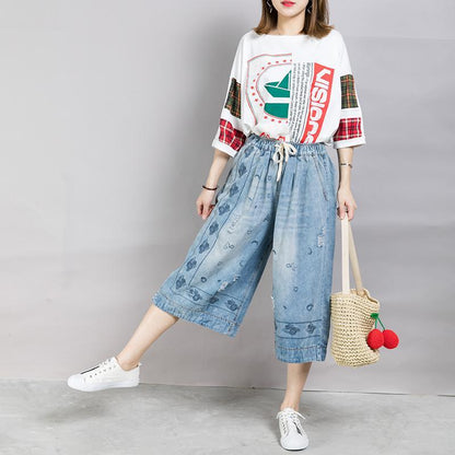 Embroidery Drawstring Casual Wide Leg Jeans