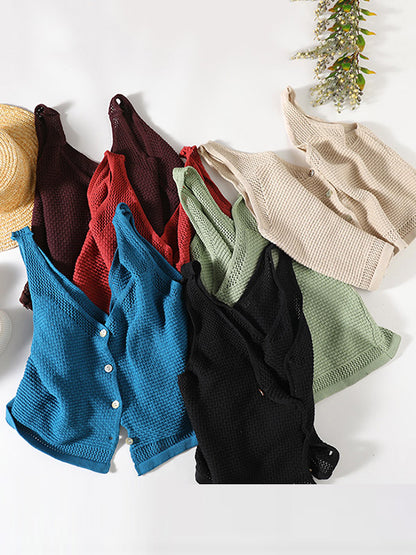Simple Solid Color Buttoned V-Neck Hollow Vest Tops