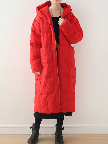 Simple White Duck Down Over Knee Solid Color Zipper Hooded Down Wear Coat
