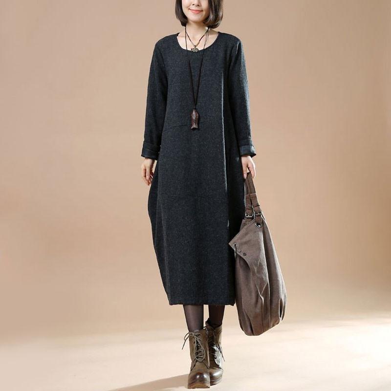 Autumn Large Size Women's Long Sleeve Wool Dark Gray Dress