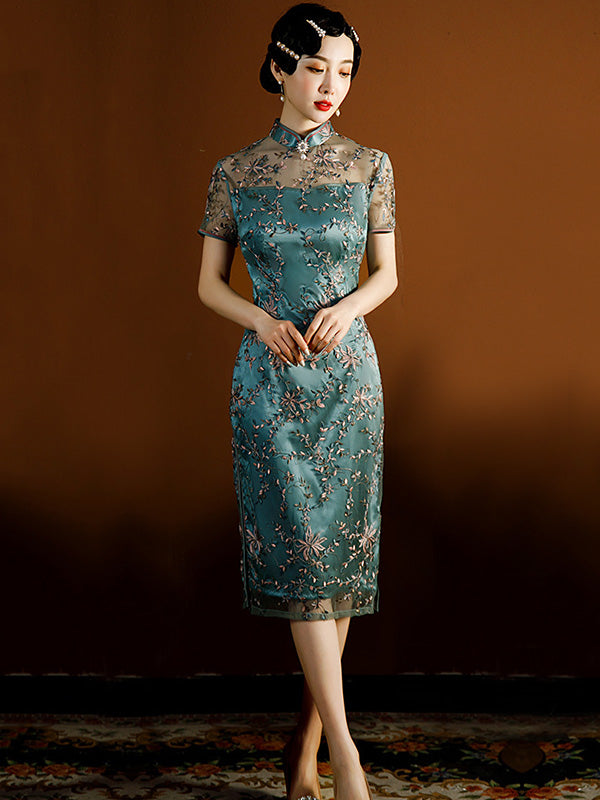 Vintage Tie-Dyed Hollow Beaded Split-Side Stand Collar Silk Cheongsam