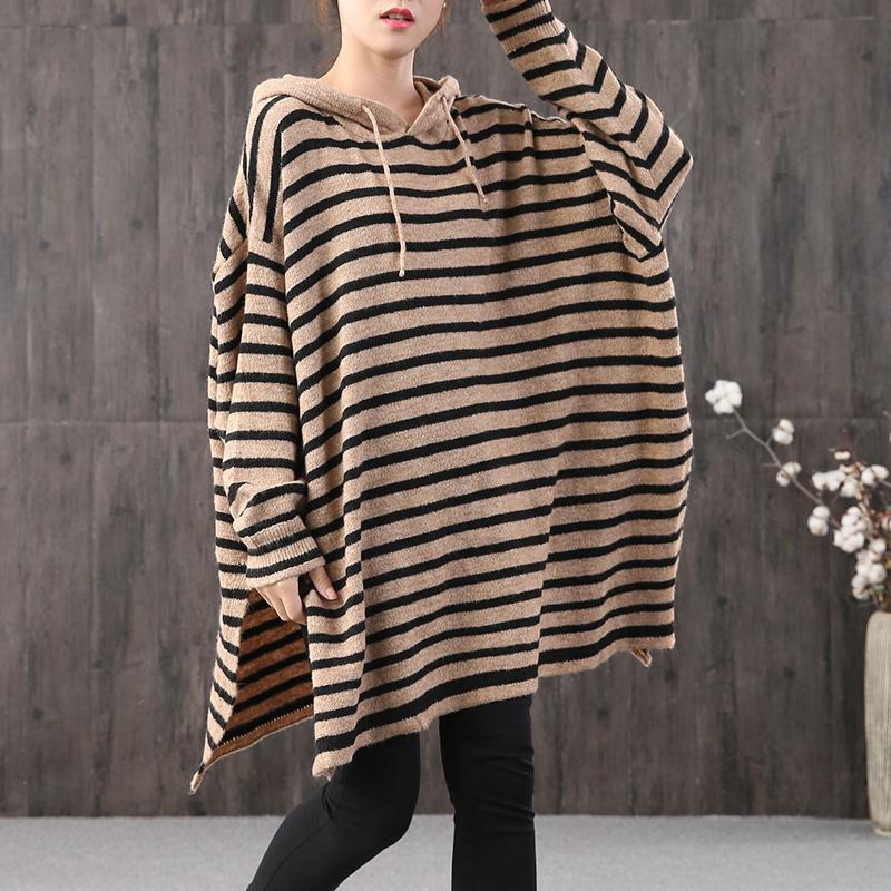 Buykud Split Hem Horizontal Stripes Knitted Hoodie