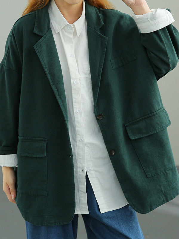 Simple Solid Color Buttoned Notched Collar Batwing Sleeve Outerwear