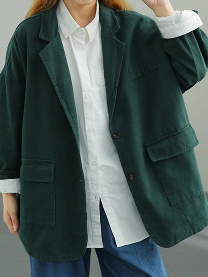 Simple Solid Color Buttoned Notched Collar Batwing Sleeve Outerwear