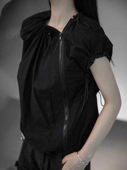 Stylish Black&White Drawstring Pleated Zipper Cap Sleeve Shirts