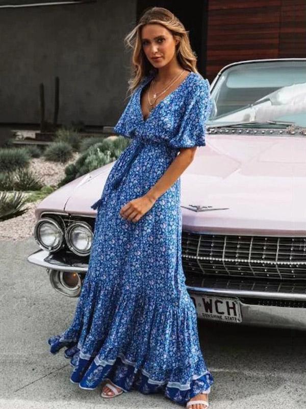 Printed V-neck Maxi Dresses