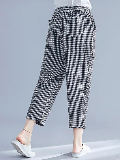 Loose Elastic Waist Plaid Harem Pants
