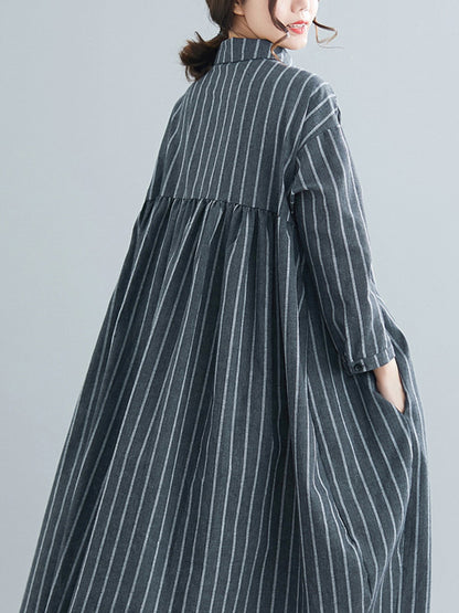 Simple Striped Buttoned Lapel Long Sleeves Shirt Dress