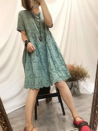 Cotton Vintage Embroidered Hollow Tiered Dress