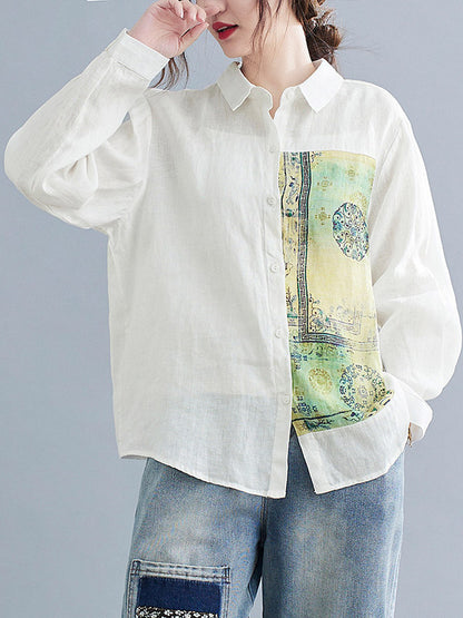 Artistic Retro National Printed Split-Joint Pleated Lapel Collar Long Sleeves Blouse