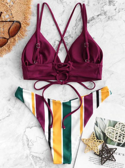 Striped Bandage Backless Split Bikini Swimsuit
