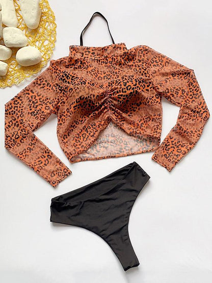 Leopard Print Net Yarn Long Sleeve Three-Piece Bikini Swimsuit