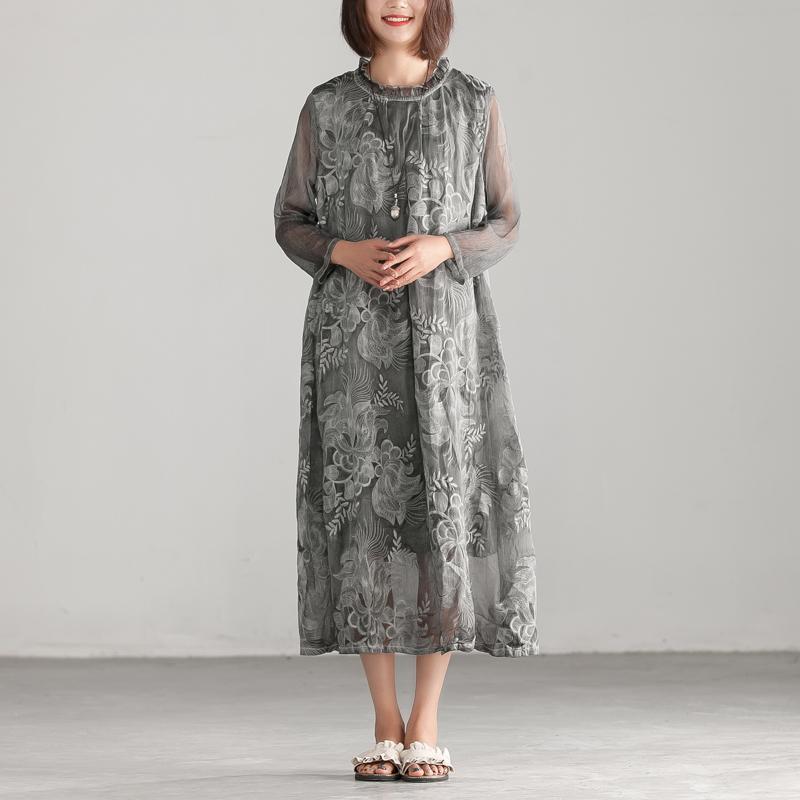 Embroidery Silk Floss Elegant Long Sleeve Dress