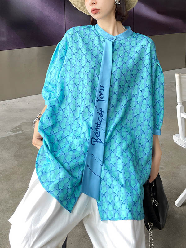 Stylish Split-Joint Printed Stand Collar Tie Short Sleeves Blouses
