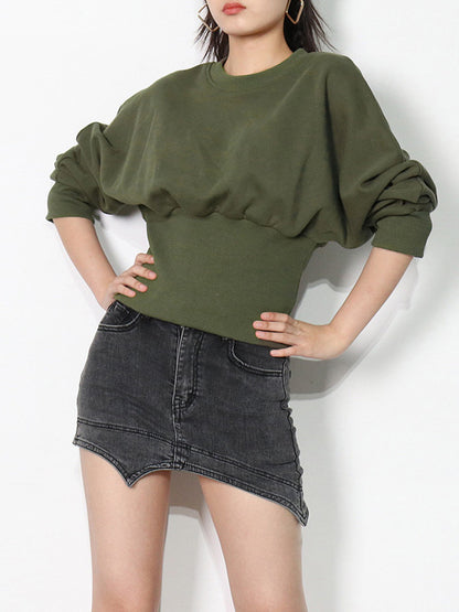 Simple Long Sleeves Green Split-Joint Sweatshirt Top