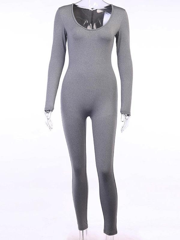 Solid Color Long Sleeves U-Neck Jumpsuits
