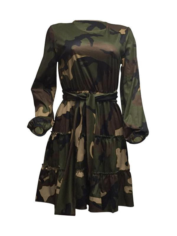 Vintage Camouflage Long Sleeves A-Line Mini Dresses