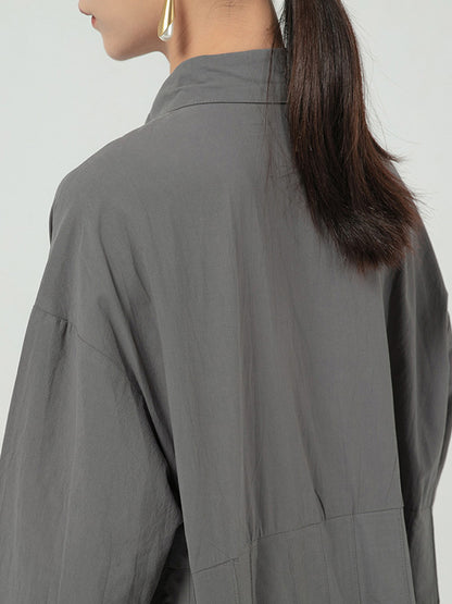Casual Solid Color Buttoned Pleated Lapel Collar Long Sleeves Midi Dress
