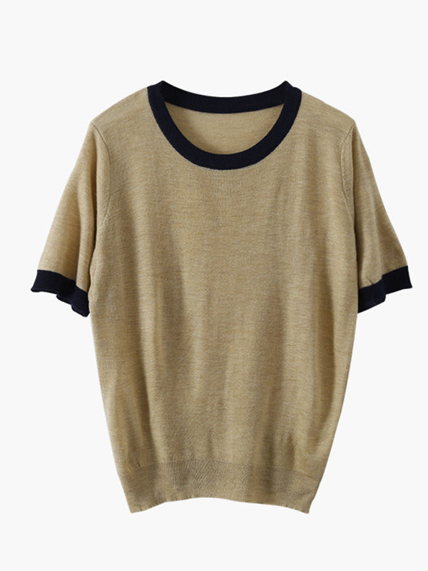 Casual Knitting Round-Neck Contrast Color T-Shirts Tops