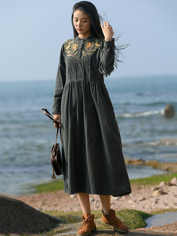 Vintage A-Line Loose Embroidered Stand Collar Midi Dresses