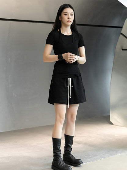 Stylish Halterneck Solid Color False Two Short Sleeves T-Shirt