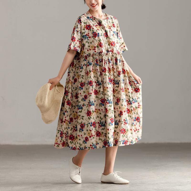 Casual Short Sleeve Pockets Floral Lacing Pleated Dress