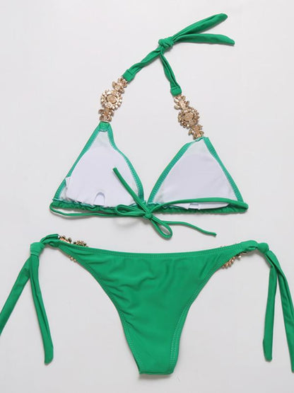 Solid Color Imitated Crystal Decorated Bikinis Swimwear