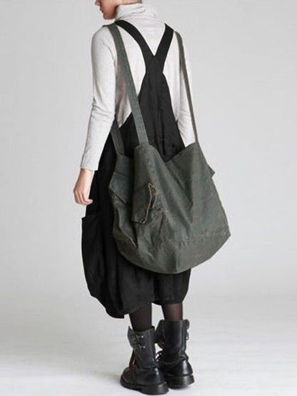 Casual Solid Color Split-Joint With Pocket Pleated Square-Neck Midi Strap Dress