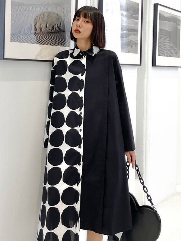 Stylish Irregular Polka-Dot Spit-Joint Buttoned Lapel Collar Long Sleeves Midi Shirt Dress