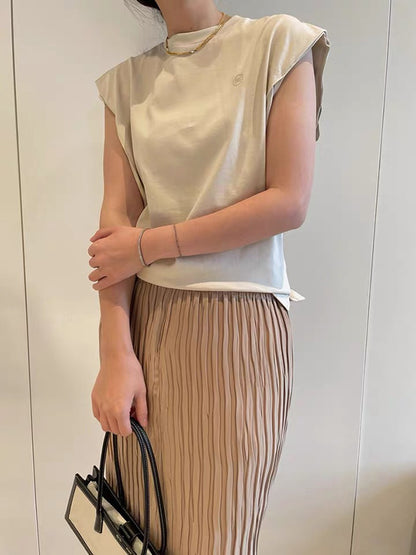 Simple Solid Color Round-Neck Cap-Sleeve Vest T-Shirt Tops