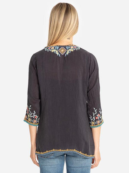 Exquisite Floral Embroidery Medium Sleeves Blouses