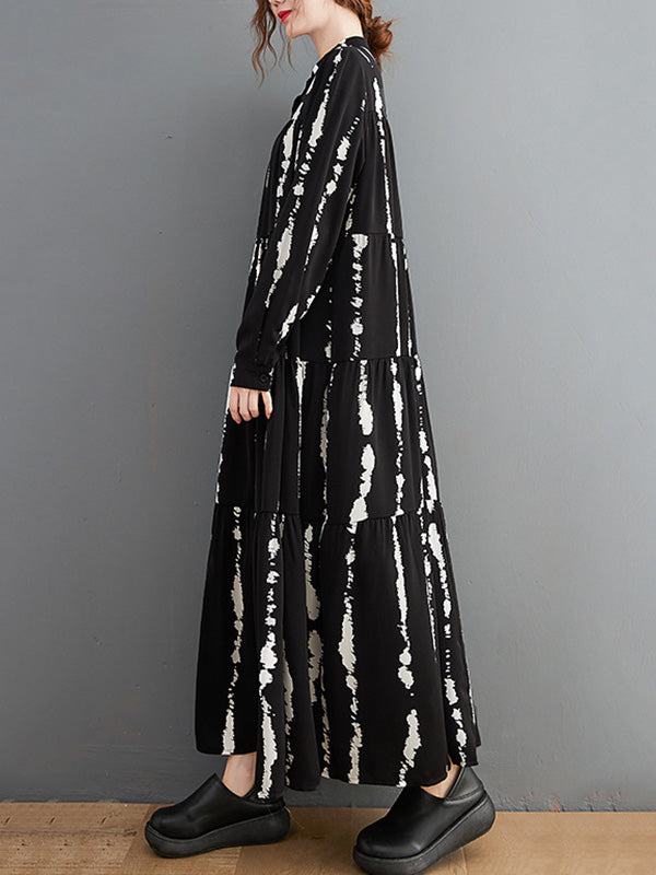 Stylish Buttoned Printed Long Sleeves Stand Collar Loose Midi Dress