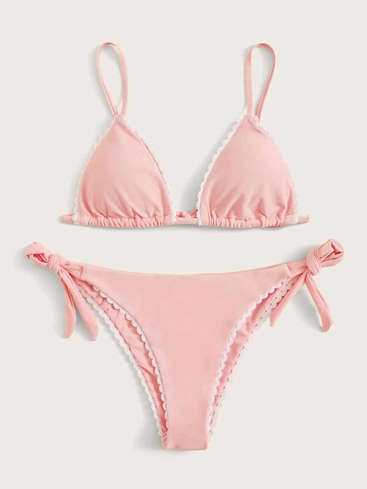 Solid Color Lace Bandage Split Bikini Swimsuit