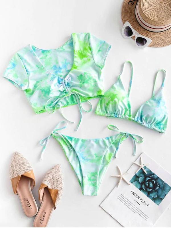 Tie-Dyed Short Sleeve & Triangle Three-Piece Split Bikini Swimsuit
