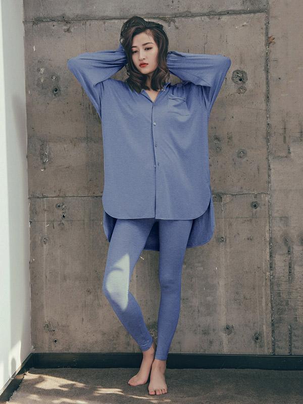 Leisure Solid Lapel Shirt Dress Pajama