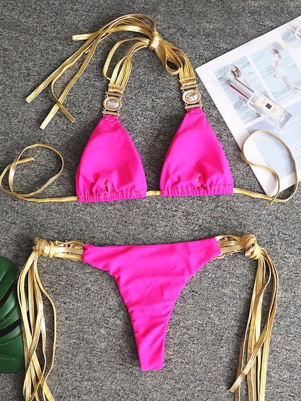 Gorgeous Embellished Triangles Bandage Split Bikini Swimsuit