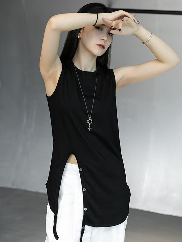 Simple Black&White Split-Side Sleeveless Round-Neck Vest
