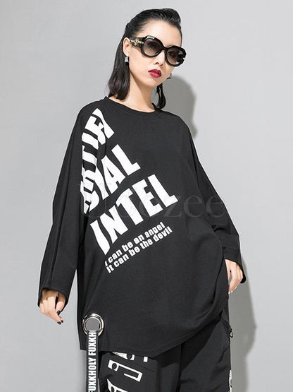 Casual Letter Printed Circular Hole Ribbon T-shirt