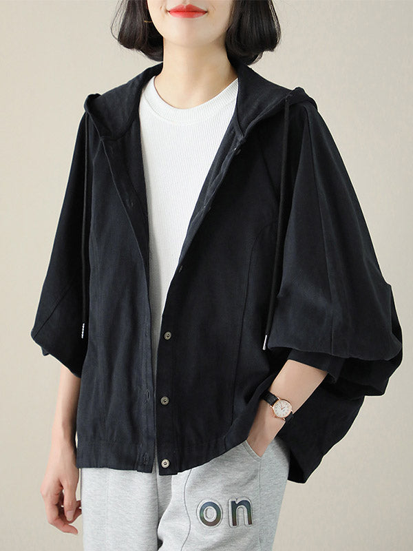 Casual Buttoned Drawstring Solid Color Batwing Sleeve Outerwear