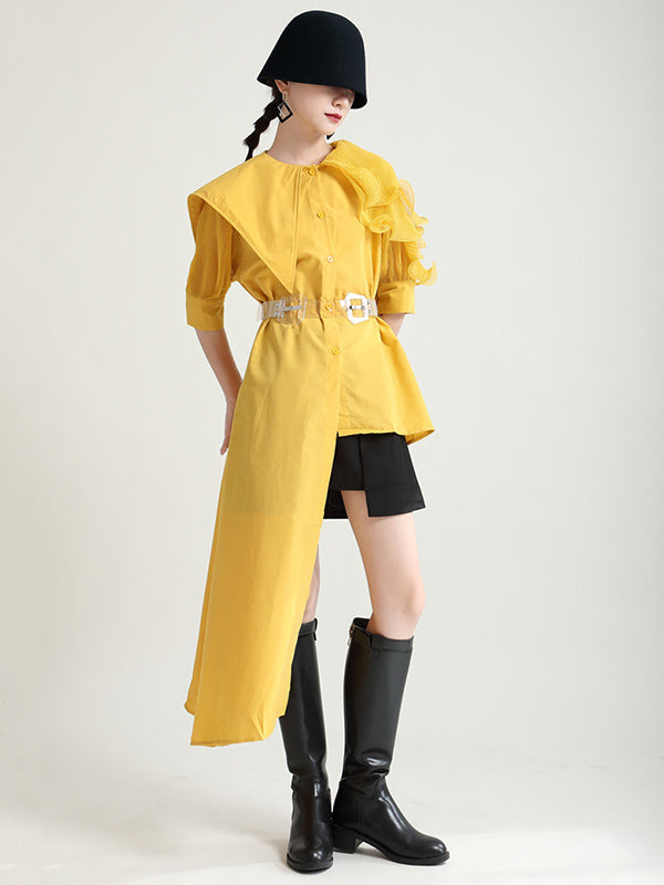 Stylish Irregular 4 Colors Split-Joint Pleated Mesh Falbala Buttoned Lapel Collar Bishop Sleeves Blouse