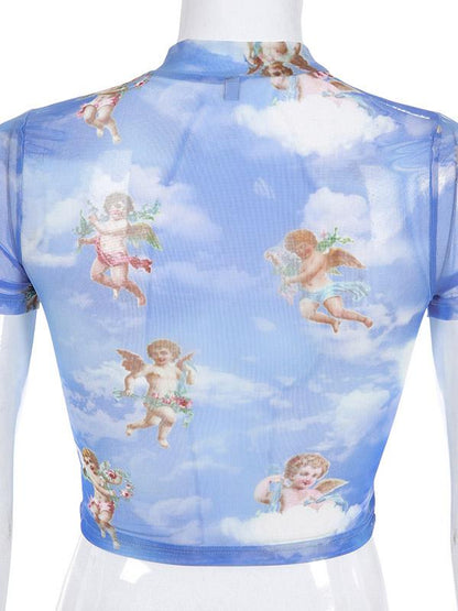 Sports Short Sleeves Printed Gauze T-shirt