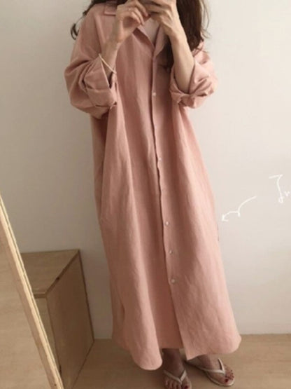 Simple Loose Casual Solid Color Buttoned Split-Side Lapel Collar Long Sleeves Midi Shirt Dress