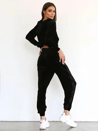 Velvet Hooded Sweatershirt And Harem Pants Suits
