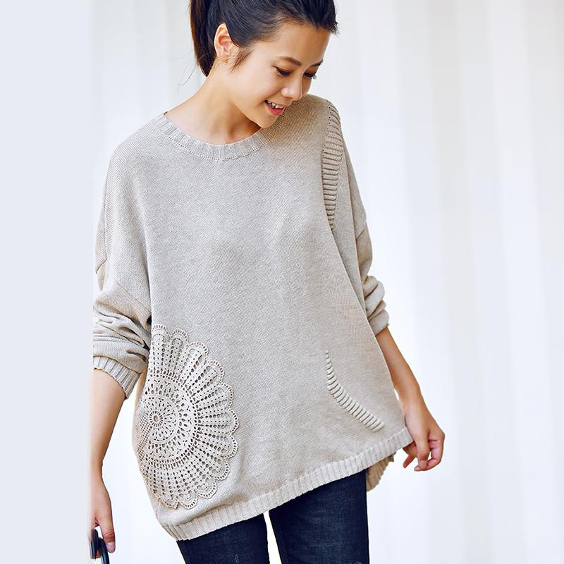 Buykud Retro Woven Sunflower Round Neck Knit Shirt