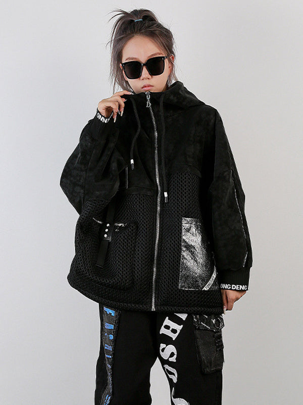 Cool Loose Long Sleeves Letter Print Keep Warm Zipper Hooded Outerwear