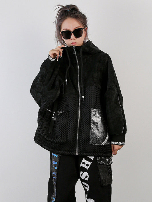 Cool Loose Long Sleeves Letter Print Keep Warm Zipper Hooded Outerwear